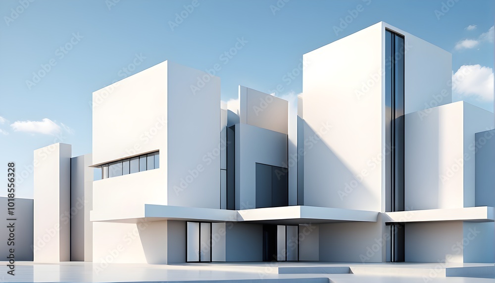 minimalist architectural composition of modern buildings, with clean angles, rendered in geometric forms and soft hues of grey, cream, and light blue minimalist architectural composition of modern buildings, with clean angles, rendered in geometric forms and soft hues of grey, cream, and light blue