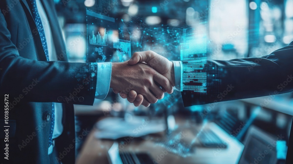 Close-up handshake with digital data overlay effect