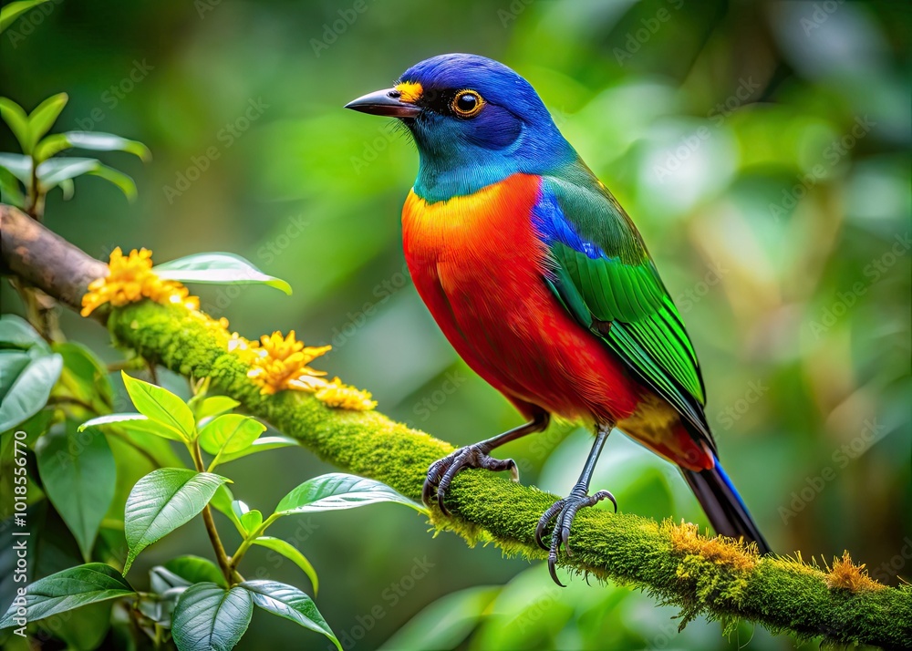 Perched on a branch, a colorful sucker bird blends with the lush green foliage, capturing the essence of its vibrant natural habitat, rich and alive. Perched on a branch, a colorful sucker bird blends with the lush green foliage, capturing the essence of its vibrant natural habitat, rich and alive.