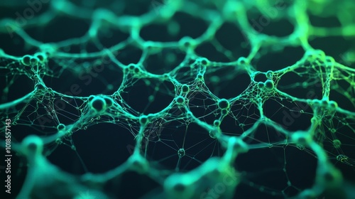 Abstract green network structure with interconnected lines and nodes, on a dark background.