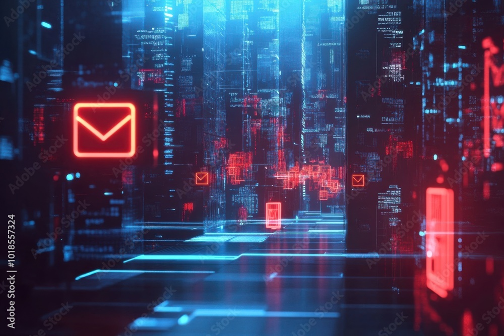 Fototapeta premium An email icon protected by multiple layers of shields and digital locks, with a hacker attempting to breach it in the distance but blocked by a strong encryption wall