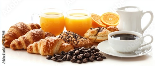 Delicious breakfast with pastries, coffee, and fresh juice, isolated on white background.