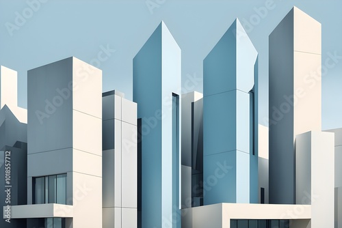 minimalist architectural composition of modern buildings, with clean angles, rendered in geometric forms and soft hues of grey, cream, and light blue