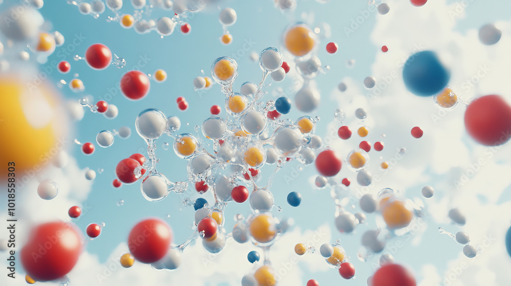A 3D image shows tiny glass particles, like molecules or atoms, against a light blue sky. It represents ideas related to science, medicine, beauty, and the pharmaceutical industry. A 3D image shows tiny glass particles, like molecules or atoms, against a light blue sky. It represents ideas related to science, medicine, beauty, and the pharmaceutical industry.
