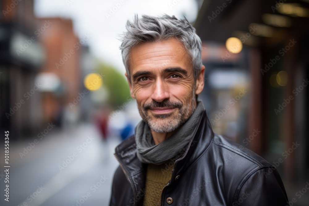 Handsome middle-aged man with grey hair and beard in a urban context