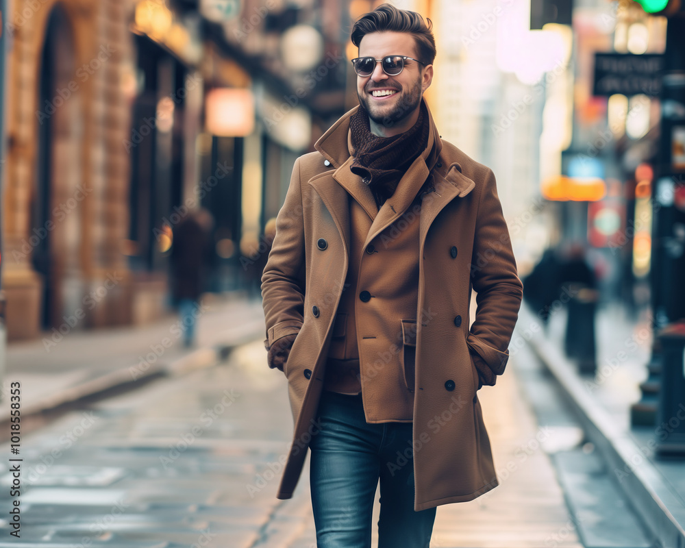Obraz premium Stylish Man Walking in the City Wearing Fashionable Winter Coat and Sunglasses