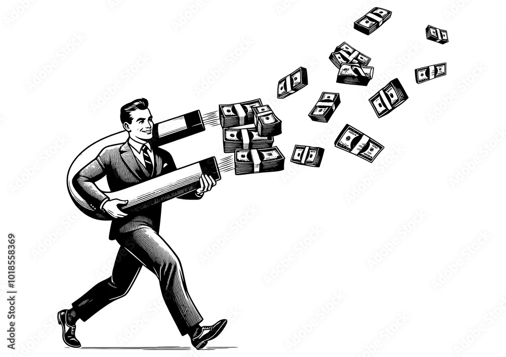 Fototapeta premium businessman with large magnet attract money cash, wealth and financial success sketch engraving generative ai fictional character PNG illustration. Scratch board imitation. Black and white image.