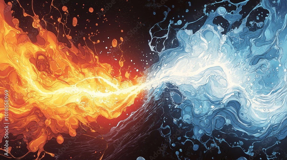 Fototapeta premium Fire versus water scene, versus, competition, battle background, Generative Ai