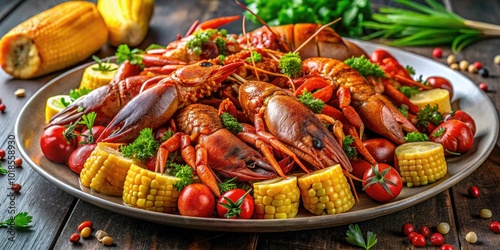 Savor freshly cooked crawfish served on a plate, accented with spices, golden corn, and tender potatoes, offering a vibrant taste of Southern hospitality.