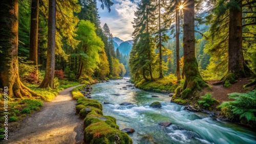 Scenic Elwha River Trail Surrounded by Lush Forests and Majestic Mountains in Olympic National Park photo