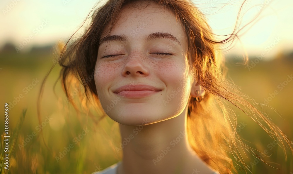 Smiling woman with freckles in a field. Smiling woman with freckles in a field.