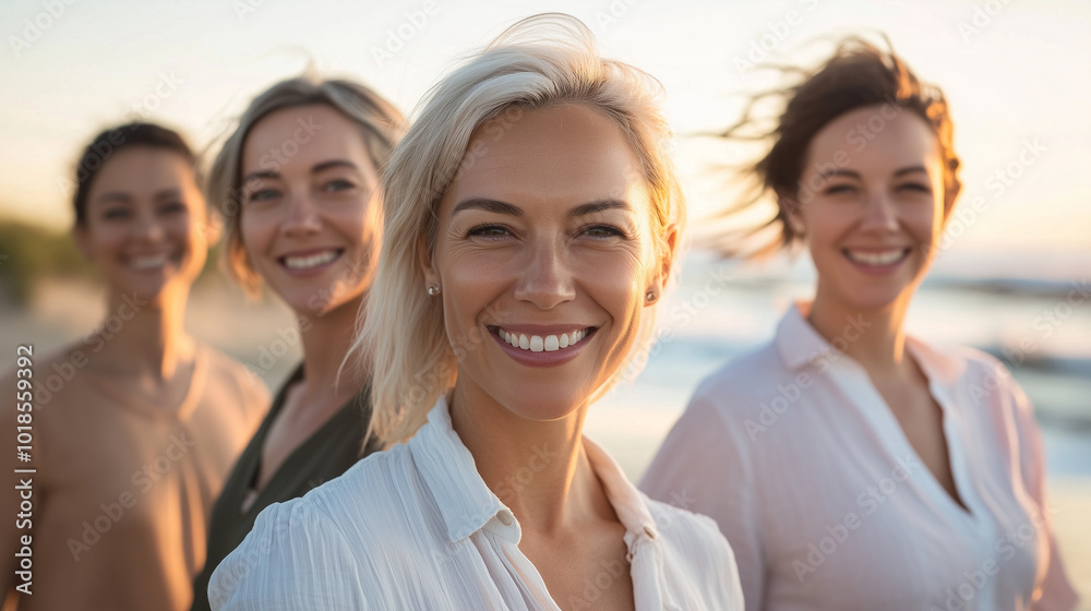 A group portrait of four smiling women on a beach background. All women are looking at the camera, enjoying the warm atmosphere of the sunset A group portrait of four smiling women on a beach background. All women are looking at the camera, enjoying the warm atmosphere of the sunset