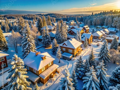 Charming Winter Scene of Houses Covered in Snow with Pine Trees and Clear Blue Sky in Background