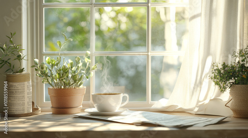 A cozy scene featuring steaming cup of coffee on wooden table beside potted plants, with sunlight streaming through window. atmosphere is warm and inviting, perfect for relaxation