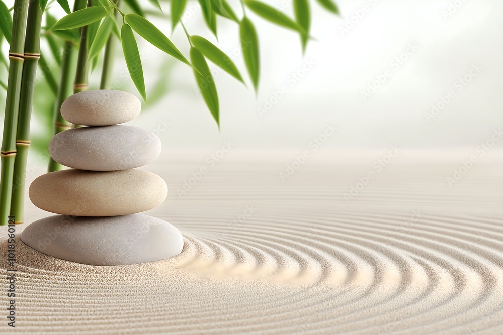 Obraz premium A Calming Zen Garden With Neatly Raked Sand Patterns, Smooth Stones, and a Backdrop of Bamboo Plants, High Resolution Wallpaper or Background