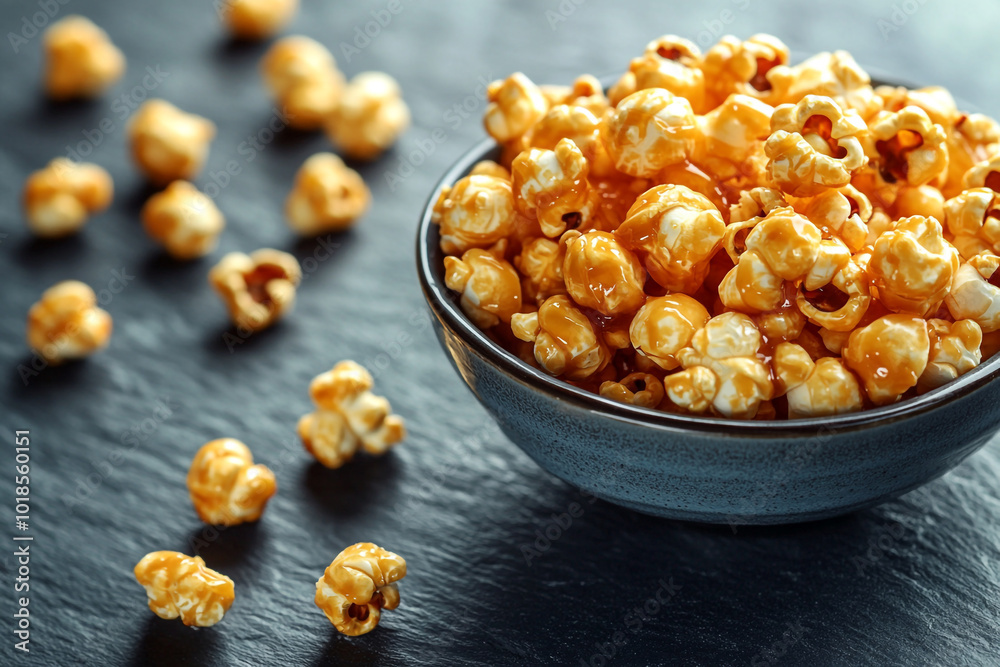 Caramel popcorn in a bowl on a dark background, close-up. The background has ample space for text or design. Caramel popcorn in a bowl on a dark background, close-up. The background has ample space for text or design.
