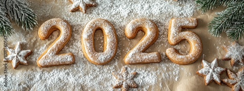 Banner for Christmas and New Year. Gingerbread cookies with numbers 2025 Christmas cookies 
