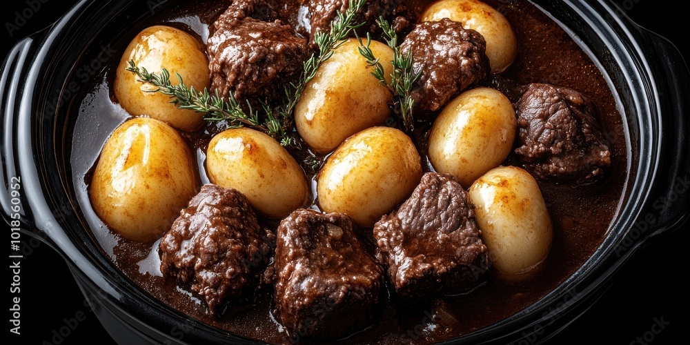Aromatic Beef Stew with Creamy Potatoes and Thyme in a Rustic Black Pot Aromatic Beef Stew with Creamy Potatoes and Thyme in a Rustic Black Pot