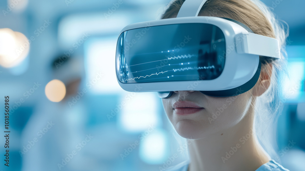 Immersed in virtual world, woman wears sleek VR headset, showcasing future of technology and innovation. environment is bright and modern, reflecting advanced digital experiences Immersed in virtual world, woman wears sleek VR headset, showcasing future of technology and innovation. environment is bright and modern, reflecting advanced digital experiences