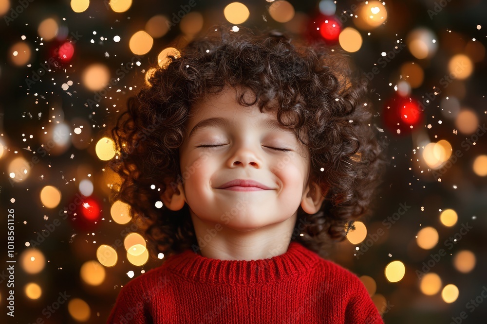 curly child with closed eyes dreams of Christmas and New Year gifts curly child with closed eyes dreams of Christmas and New Year gifts