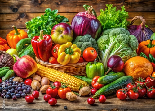 Colorful assortment of fresh fruits and vegetables arranged beautifully on a wooden table backdrop