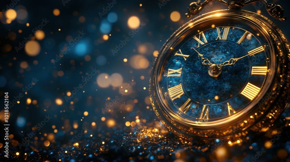 Illustration of a New Year clock striking midnight, dark backdrop, gold accents, elegant effect, space for text. Illustration of a New Year clock striking midnight, dark backdrop, gold accents, elegant effect, space for text.