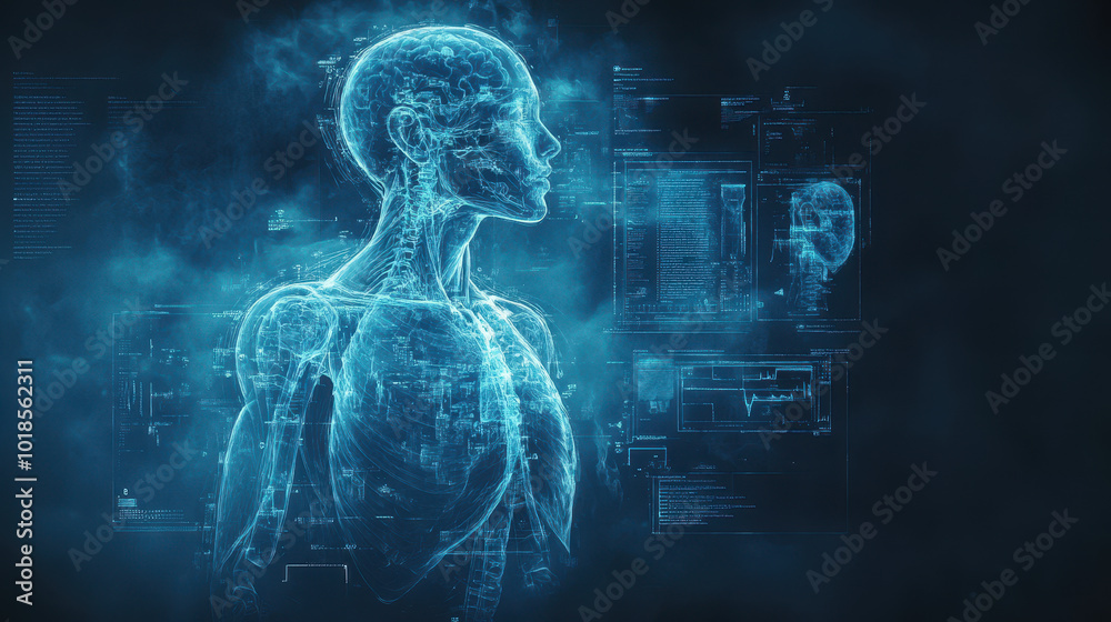 A futuristic visualization of human anatomy featuring a holographic model. The artwork blends technology and biology, ideal for educational and scientific use A futuristic visualization of human anatomy featuring a holographic model. The artwork blends technology and biology, ideal for educational and scientific use