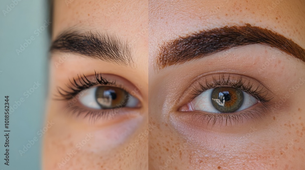 Fototapeta premium Before and after henna eyebrow dyeing, a close-up collage. -