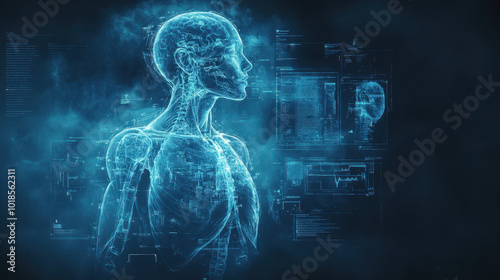 A futuristic visualization of human anatomy featuring a holographic model. The artwork blends technology and biology, ideal for educational and scientific use