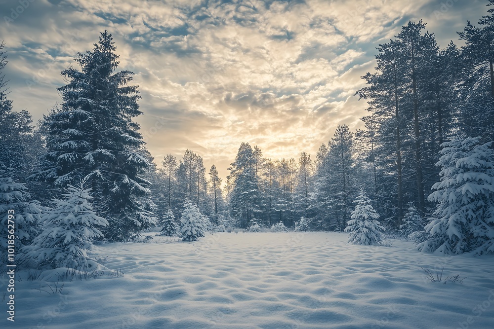 Fototapeta premium A Frosty Winter Scene With Snow-covered Pine Trees, a Soft Blanket of Snow on the Ground, and a Cloudy Sky, High Resolution Wallpaper or Background