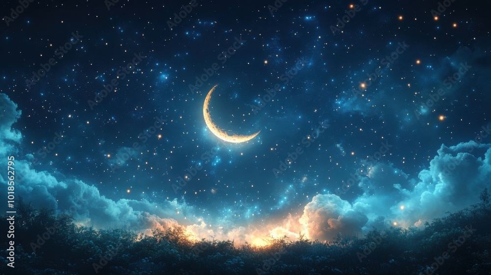 Fototapeta premium Illustration of a starry night with a new year moon, dark blue background, twinkling stars, dreamy feel, ample copy space.