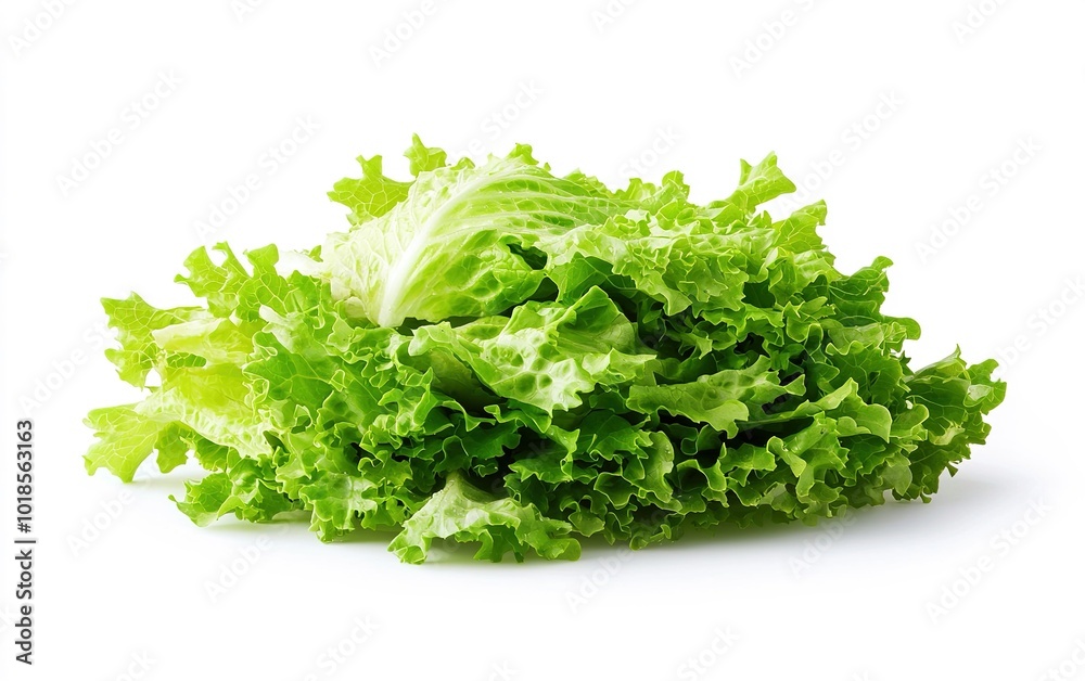 Fresh green lettuce arranged neatly on a white background, highlighting its crisp texture and vibrant color, perfect for salads and dishes Fresh green lettuce arranged neatly on a white background, highlighting its crisp texture and vibrant color, perfect for salads and dishes