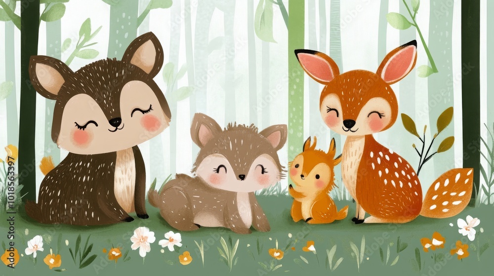 Naklejka premium Cute woodland animals illustration, ideal for baby shower designs. -