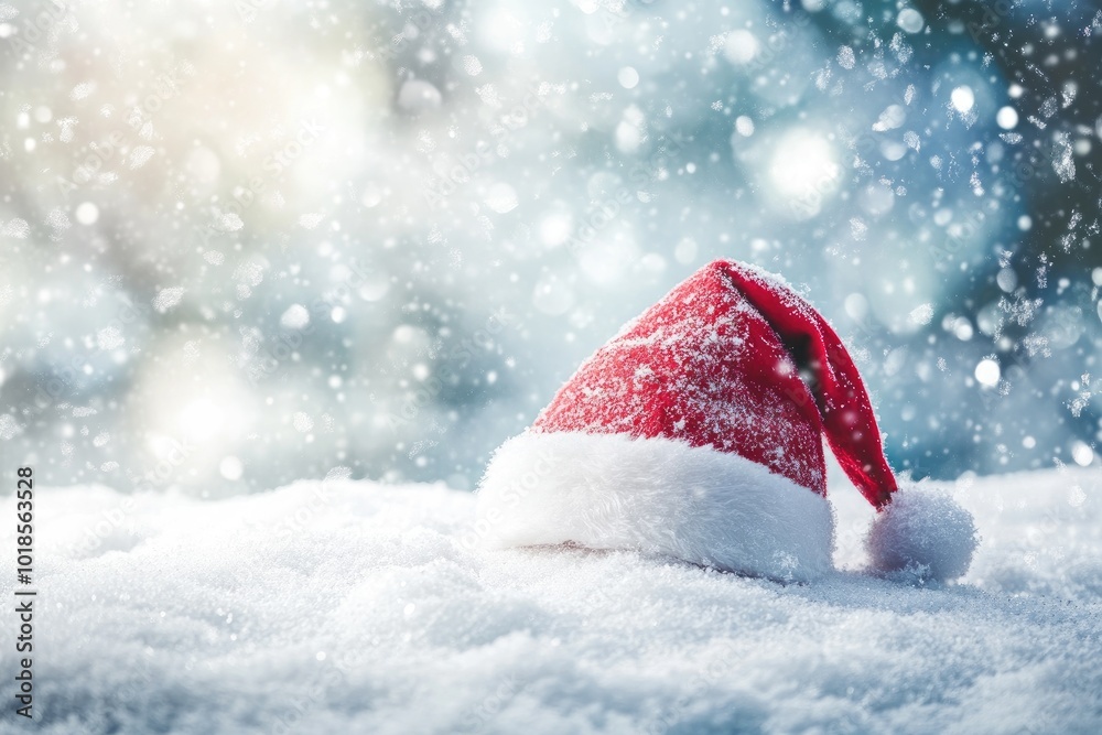 Red Santa Hat Partially Submerged in Snow with Blurred Background Red Santa Hat Partially Submerged in Snow with Blurred Background