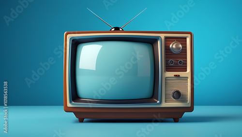 isolated vintage television depicted cartoon style soothing blue background featuring tv set integrated antenna plenty