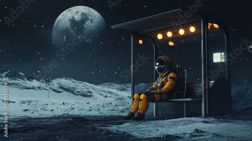 Cosmic solitude: space explorer at night bus stop.