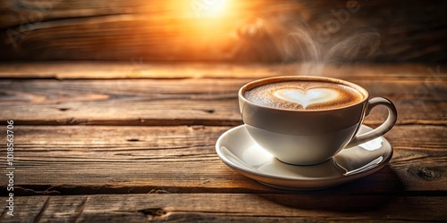 A steaming cup of coffee with a heart design in the foam on a rustic wooden surface bathed in warm, golden light.