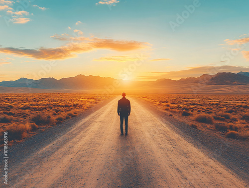 A man stands alone on a dirt road in the desert. The road stretches out ahead of him, disappearing into the distance.