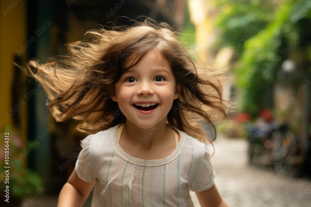 Portrait of a happy little girl with flying hair. Selective focus. Portrait of a happy little girl with flying hair. Selective focus.