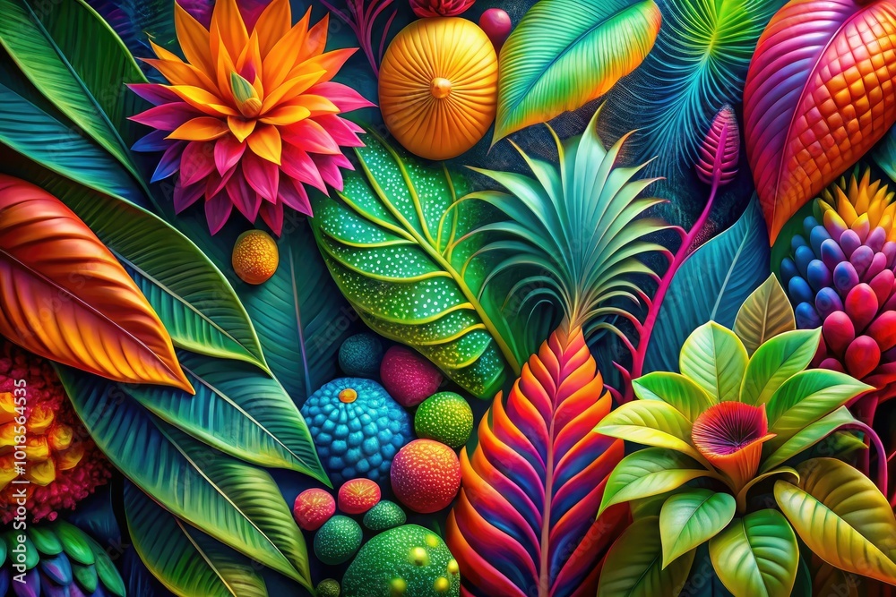 Naklejka premium Colorful tropical abstract art with striking hues and natural shapes draws inspiration from nature’s beauty, offering a fresh and lively visual expression that captivates the eye.