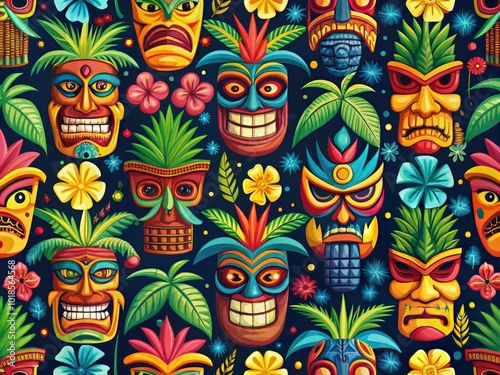 Colorful Tiki-inspired pattern, infused with tropical elements and exotic designs, ideal for creative projects seeking a bold, vibrant aesthetic and lively atmosphere.