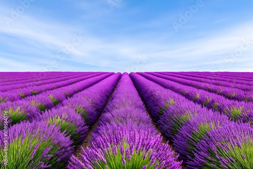 A Lush Field of Lavender With Rows of Purple Flowers Stretching Into the Horizon Under a Bright Summer Sky, High Resolution Wallpaper or Background