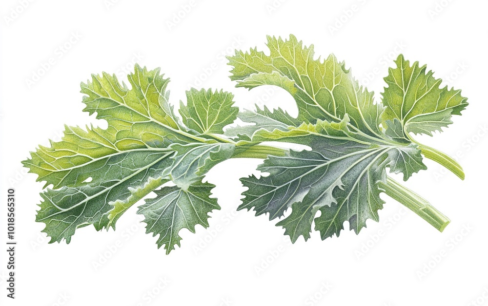 Fototapeta premium Fresh green kale leaves isolated on a white background, showcasing vibrant colors and texture, perfect for healthy cooking and nutrition
