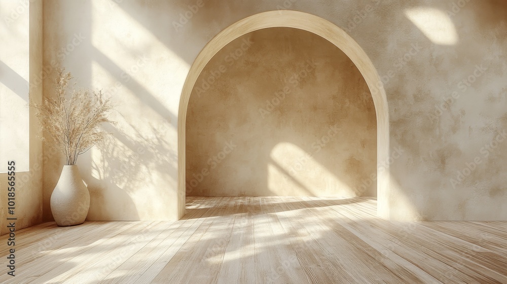 Minimalist Interior with Archway and Dried Flowers in a Vase Minimalist Interior with Archway and Dried Flowers in a Vase