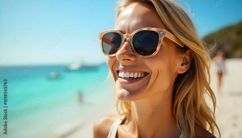 Vacation portrait of a woman in sunglasses on the sunny beach. AI generated Vacation portrait of a woman in sunglasses on the sunny beach. AI generated