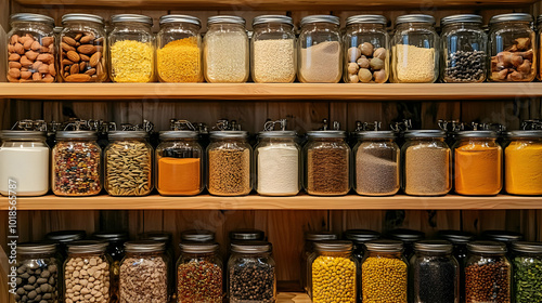 Fototapeta Naklejka Na Ścianę i Meble -  Glass Jars Filled With Colorful Spices and Herbs Organized on Wooden Shelves