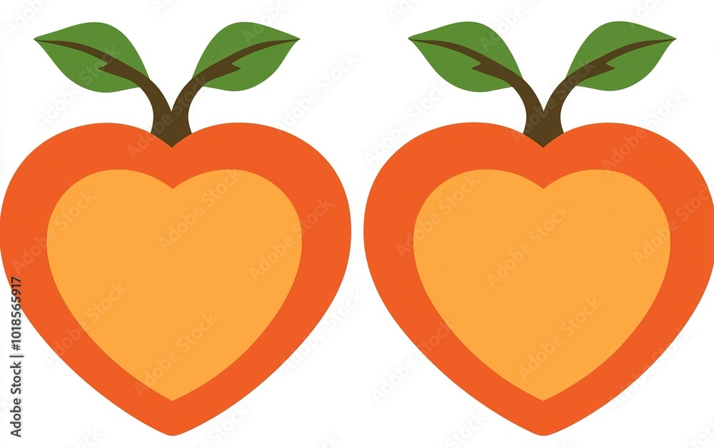 Two stylized orange heart shapes with green leaves, resembling cheerful fruits, showcasing a playful design ideal for decoration