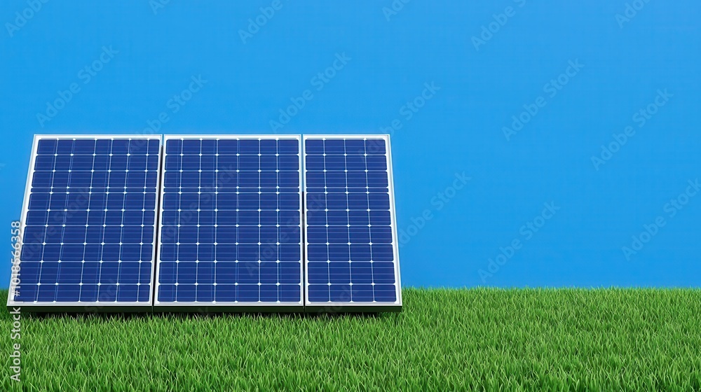 Solar panels on green grass under bright blue sky, eco-friendly energy concept.