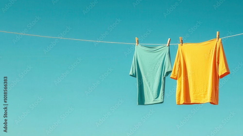 A colorful array of clothes drying on a line against a clear blue sky, gentle wind blowing, clothesline outdoors, natural and ecofriendly living A colorful array of clothes drying on a line against a clear blue sky, gentle wind blowing, clothesline outdoors, natural and ecofriendly living