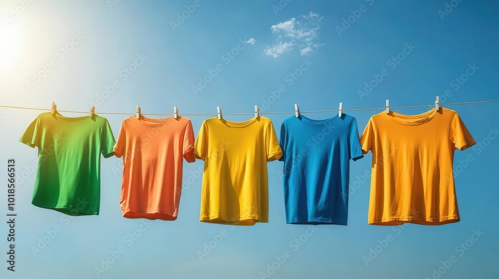 A colorful array of clothes drying on a line against a clear blue sky, gentle wind blowing, clothesline outdoors, natural and ecofriendly living A colorful array of clothes drying on a line against a clear blue sky, gentle wind blowing, clothesline outdoors, natural and ecofriendly living